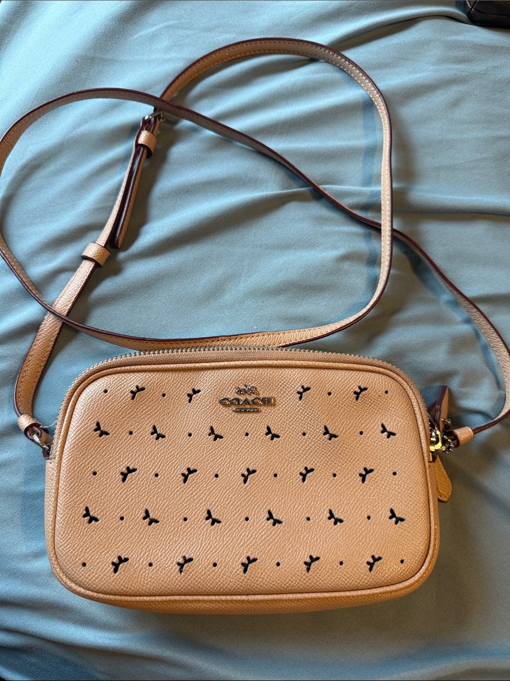 Coach Perforated Pebbled Leather Crossbody in Tan